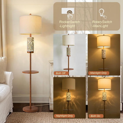 OYEARS Dimmable Farmhouse Floor Lamp for Living Room, 2-in-1 Rustic Floor Lamp with Main&Night Light,Linen Shade&Dual Switches, 65" Standing Lamp for Bedroom Office Corner Dining Room, Wood Pole Lamp