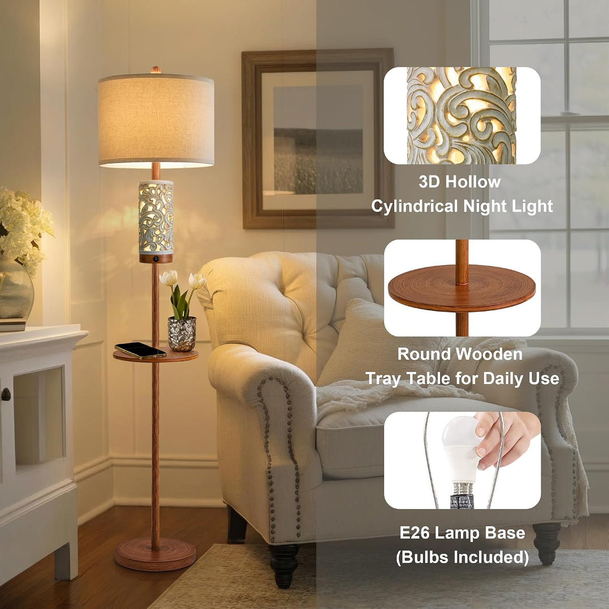 OYEARS Dimmable Farmhouse Floor Lamp for Living Room, 2-in-1 Rustic Floor Lamp with Main&Night Light,Linen Shade&Dual Switches, 65" Standing Lamp for Bedroom Office Corner Dining Room, Wood Pole Lamp