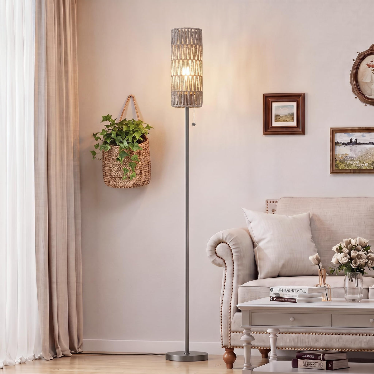 Ambimall 64" Floor Lamp with 9W LED Bulb & Beige Lampshade