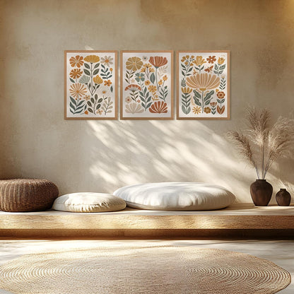 3Pcs Boho Abstract Floral Wall Art Minimalist WildFlower Wall Decor Pictures Modern Botanical Warm Earthy Tones Canvas Posters Prints for Living Room Bedroom Office Home Decoration 12x16in Unframed