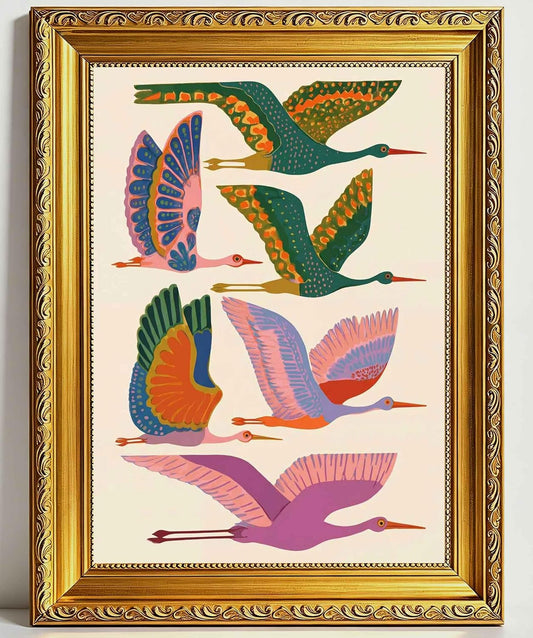 Vintage Gold Framed Japanese Colorful Cranes Canvas Wall Art, 9x11in