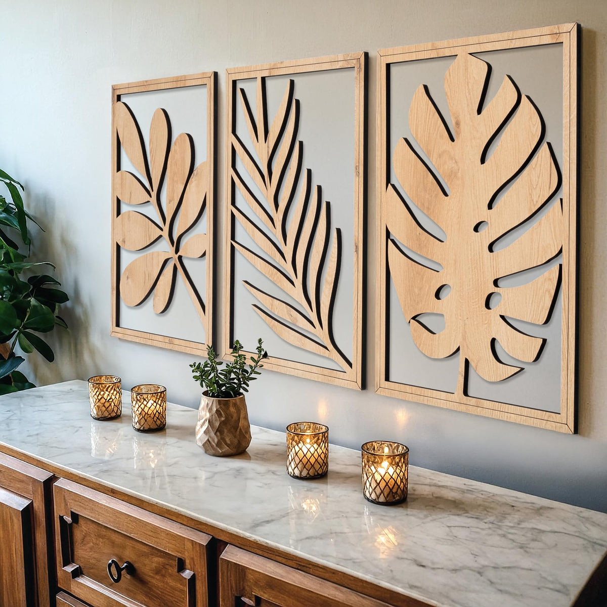 qmmp Modern Wooden Wall Sculptures - Set of 3 - Home Decor Accent - Large Wall Art for Living Room, Bedroom, Office - Easy Installation (Oak, Medium - Mountain and Sun)