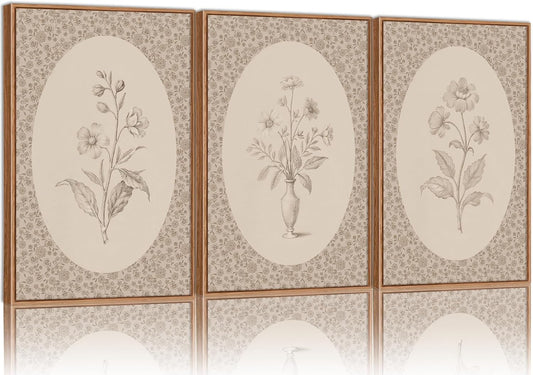 Rantodecor Vintage Flower Framed Canvas Wall Art Triptych, Rustic Floral Wall Decor, Retro Sketch Botanical Art Paintings, Antique French Cottage Artwork for Girls Bedroom Living Room Bathroom 16"x24"