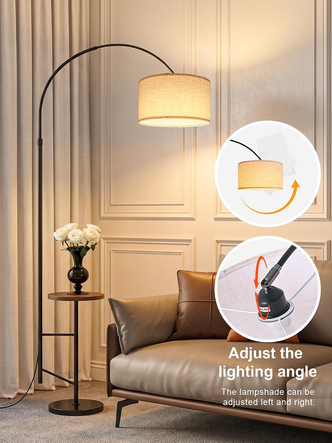 Arc Floor Lamp with Side Table, Height‑Adjustable With Remote Control