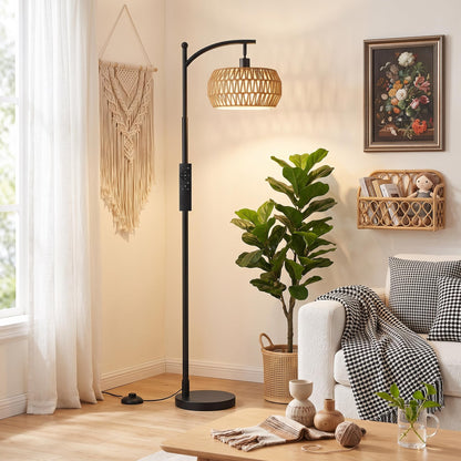 Ambimall Arc Floor Lamp with Remote & Rattan Double Shades, Black Rustic