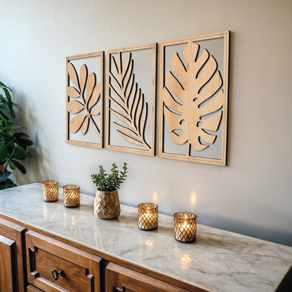 qmmp Modern Wooden Wall Sculptures - Set of 3 - Home Decor Accent - Large Wall Art for Living Room, Bedroom, Office - Easy Installation (Oak, Medium - Mountain and Sun)