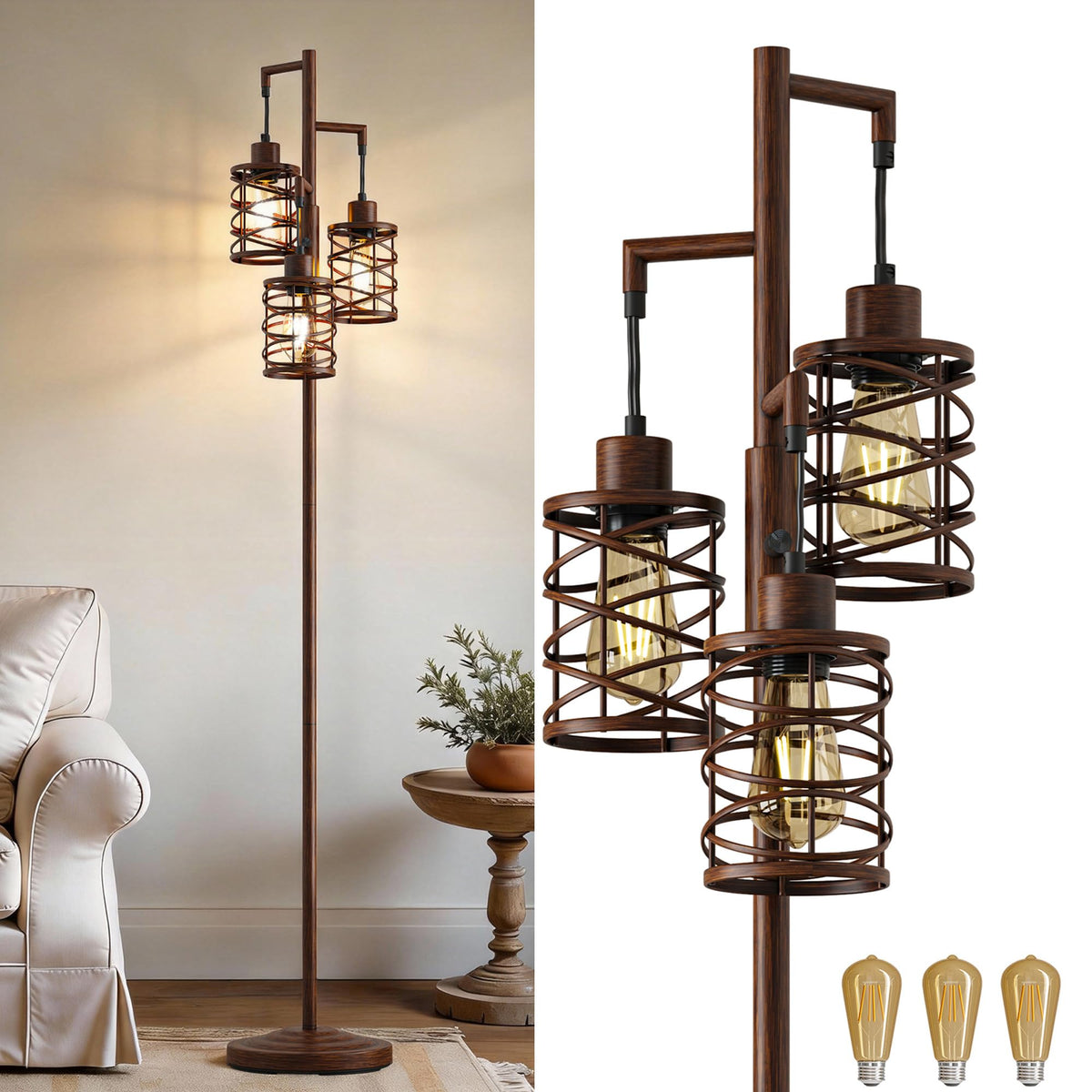 Oneach 66" Gold Floor Lamp for Living Room, Boho Floor Lamp with LED Bulb, Foot Switch, Rattan Shade, Industrial Tall Farmhouse Standing Lamp for Bedroom, Dining Room, Study Room, Office