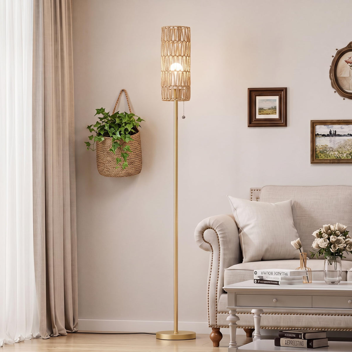 Ambimall 64" Floor Lamp with 9W LED Bulb & Beige Lampshade