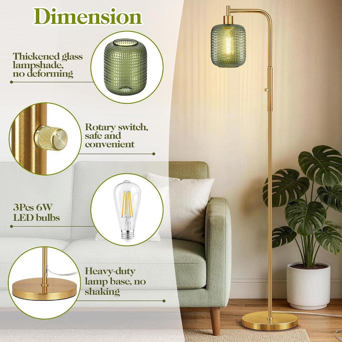 Modern Gold Green Floor Lamps for Living Room, 67" Bedroom Standing Lamp