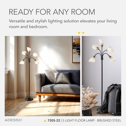 Adesso Floor Lamp with 5 Movable Shades & Adjustable Brightness, Brushed Steel Finish, Silver Perfect Lighting for Bedroom Decor, Beauty & Art Studio