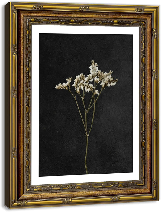 Vintage Gold Framed Moody Floral Canvas Wall Art Retro Dark Dried Wildflower Picture Wall Decor Rustic White Flowers Still Life Painting Prints Artwork for Living Room 9x11in
