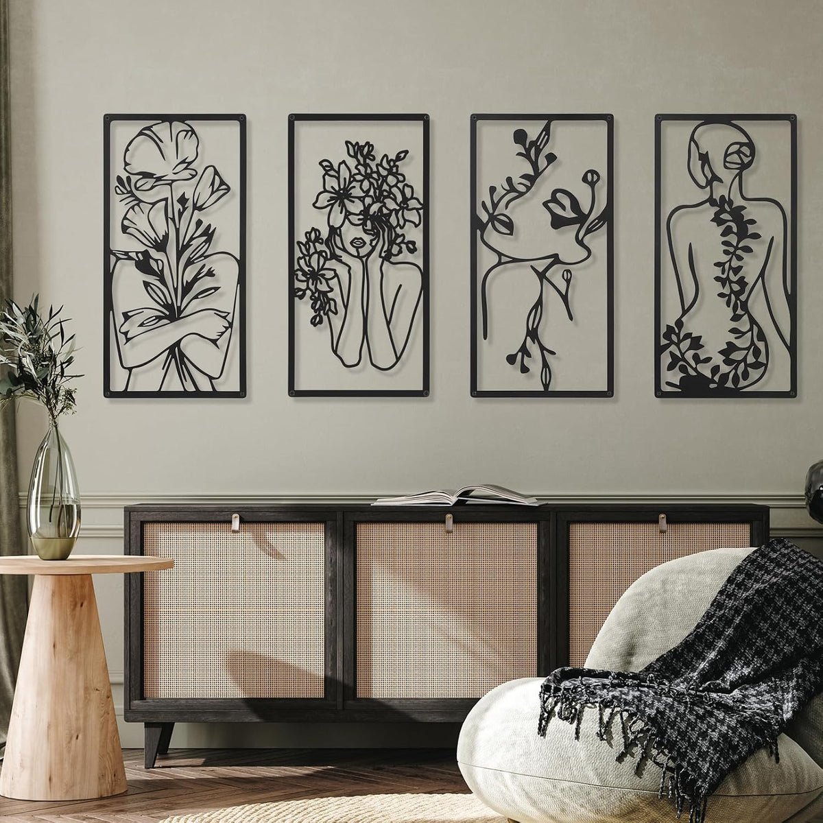 Cindeer 4 Pcs Metal Wall Art Decor Minimalist Abstract Woman Wall Art Line Drawing metal line art Home Hanging Art Decor for Bedroom Kitchen Bathroom Living Room(Fresh,Black)