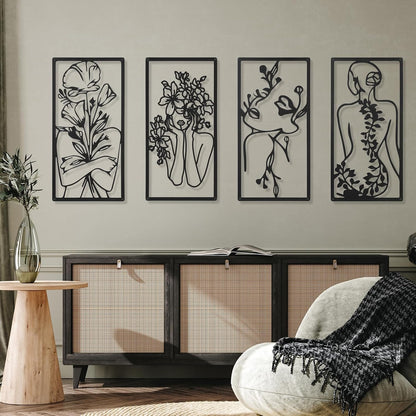 Cindeer 4 Pcs Metal Wall Art Decor Minimalist Abstract Woman Wall Art Line Drawing metal line art Home Hanging Art Decor for Bedroom Kitchen Bathroom Living Room(Fresh,Black)