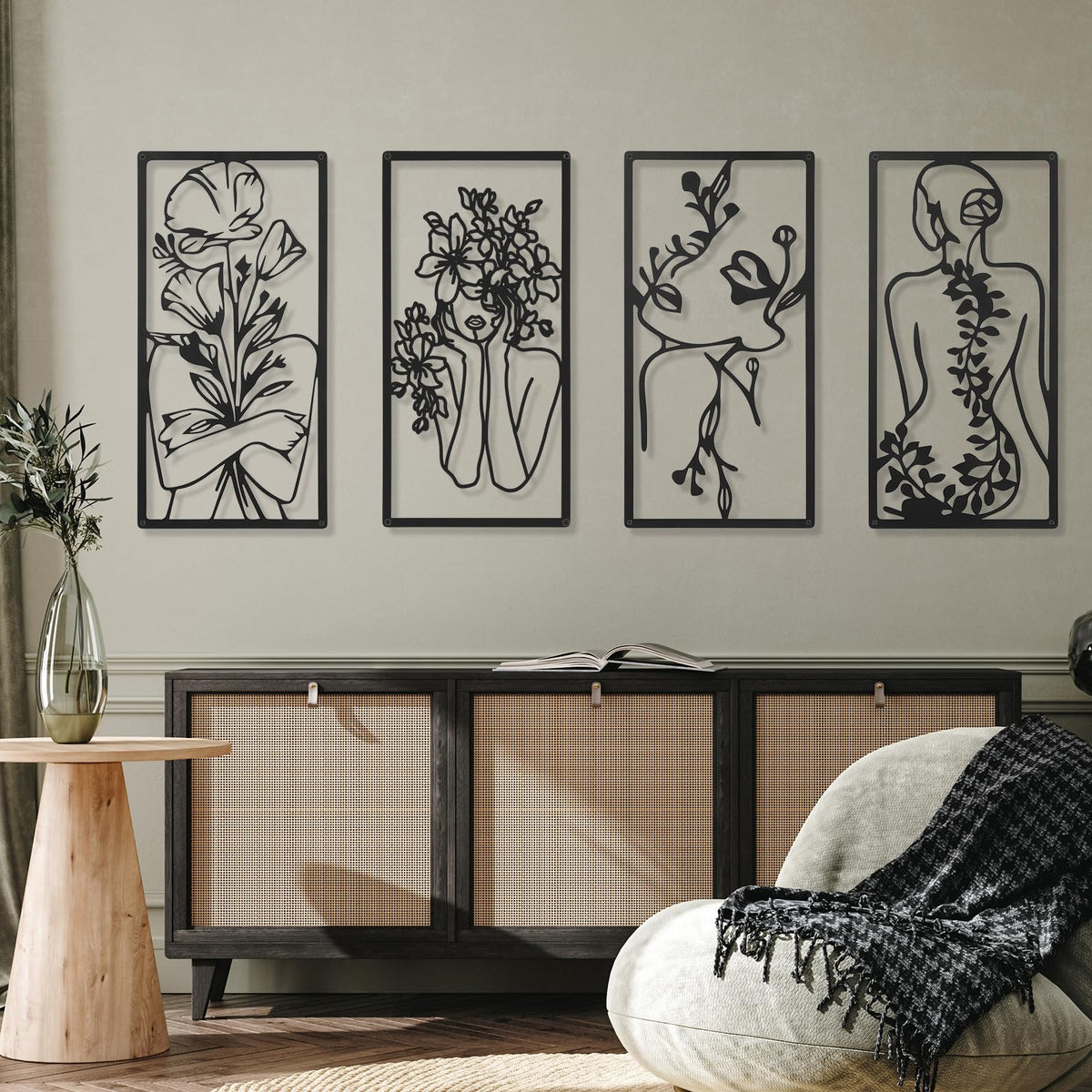 Cindeer 4 Pcs Metal Wall Art Decor Minimalist Abstract Woman Wall Art Line Drawing metal line art Home Hanging Art Decor for Bedroom Kitchen Bathroom Living Room(Fresh,Black)