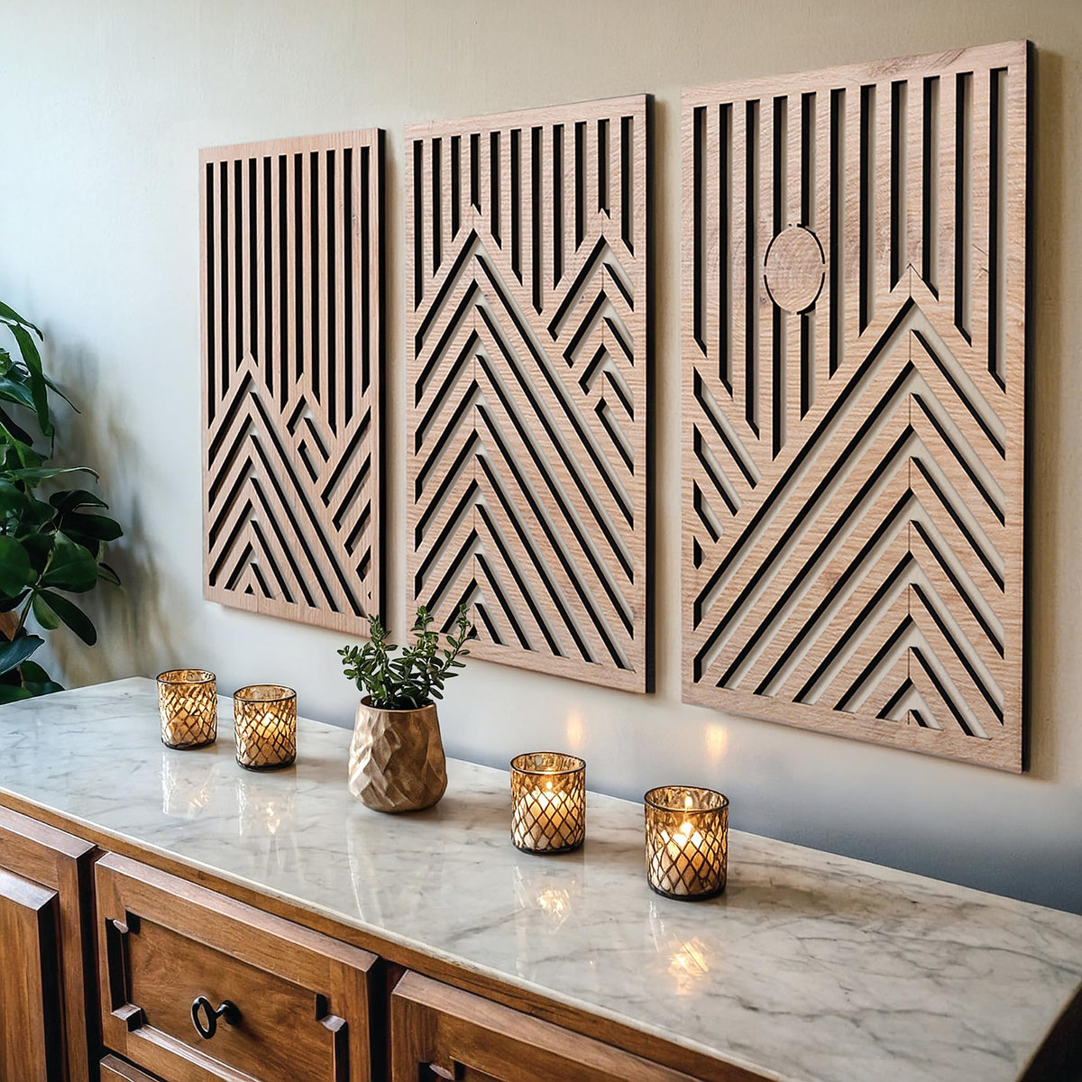 qmmp Modern Wooden Wall Sculptures - Set of 3 - Home Decor Accent - Large Wall Art for Living Room, Bedroom, Office - Easy Installation (Oak, Medium - Mountain and Sun)