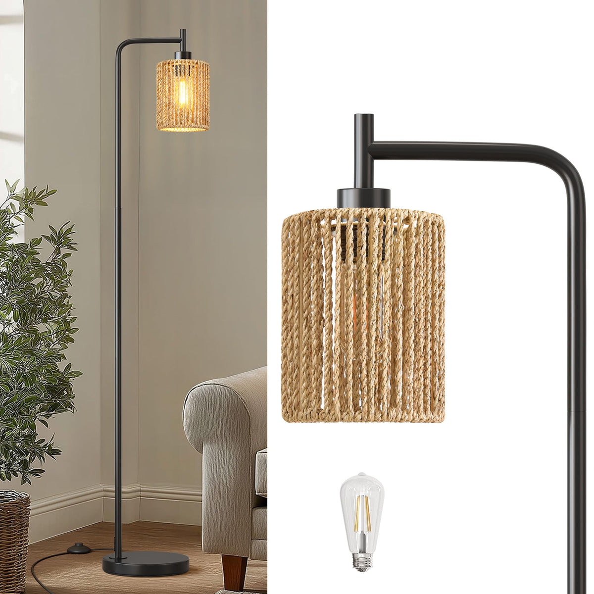 Oneach 66" Gold Floor Lamp for Living Room, Boho Floor Lamp with LED Bulb, Foot Switch, Rattan Shade, Industrial Tall Farmhouse Standing Lamp for Bedroom, Dining Room, Study Room, Office