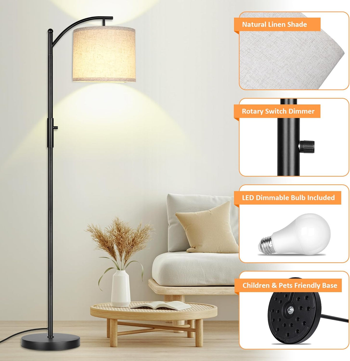 ROTTOGOON Dimmable Floor Lamp, Arc Floor Lamps for Living Room, Stepless Dimming Modern Standing Lamp with Linen Shade, Tall Lamp for Bedroom Office Dining Room- Black