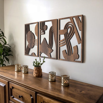 qmmp Modern Wooden Wall Sculptures - Set of 3 - Home Decor Accent - Large Wall Art for Living Room, Bedroom, Office - Easy Installation (Oak, Medium - Mountain and Sun)