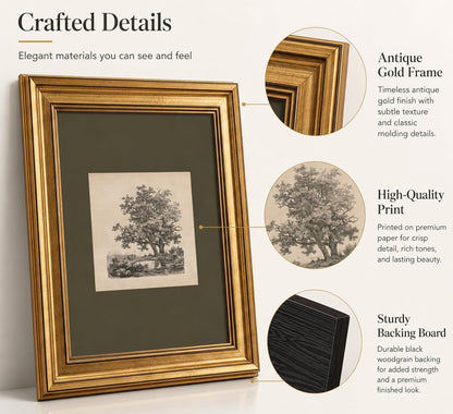 FKRYTYB Vintage Gold Framed oak Landscape Etching Wall Art 9x11in