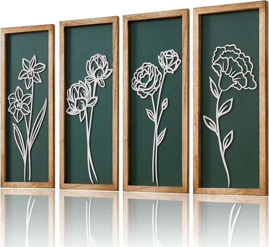 HKBS 3D Wooden Floral Wall Art, Set of 4 Framed Flowers Wall Art Sculptures, Boho Farmhouse Minimalist Decor for Bathroom Bedroom Living Room Kitchen or Office Wall Decorations Housewarming Gifts (Green)