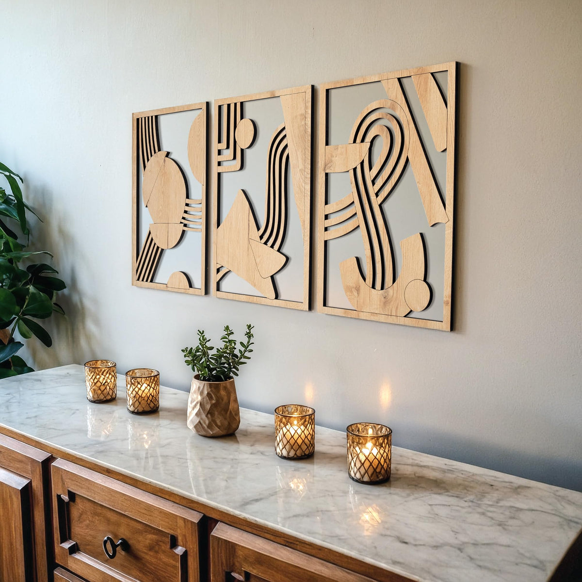 qmmp Modern Wooden Wall Sculptures - Set of 3 - Home Decor Accent - Large Wall Art for Living Room, Bedroom, Office - Easy Installation (Oak, Medium - Mountain and Sun)