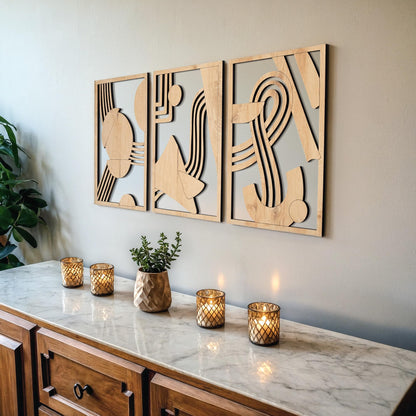qmmp Modern Wooden Wall Sculptures - Set of 3 - Home Decor Accent - Large Wall Art for Living Room, Bedroom, Office - Easy Installation (Oak, Medium - Mountain and Sun)