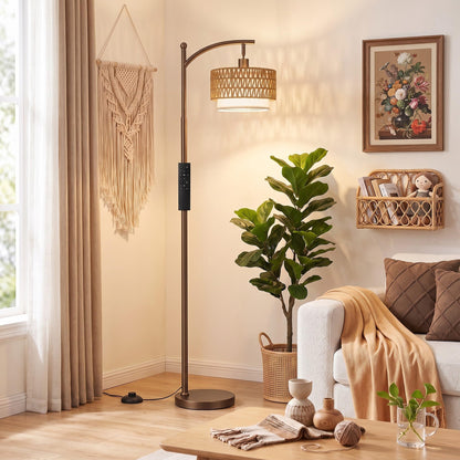 Ambimall Arc Floor Lamp with Remote & Rattan Double Shades, Black Rustic