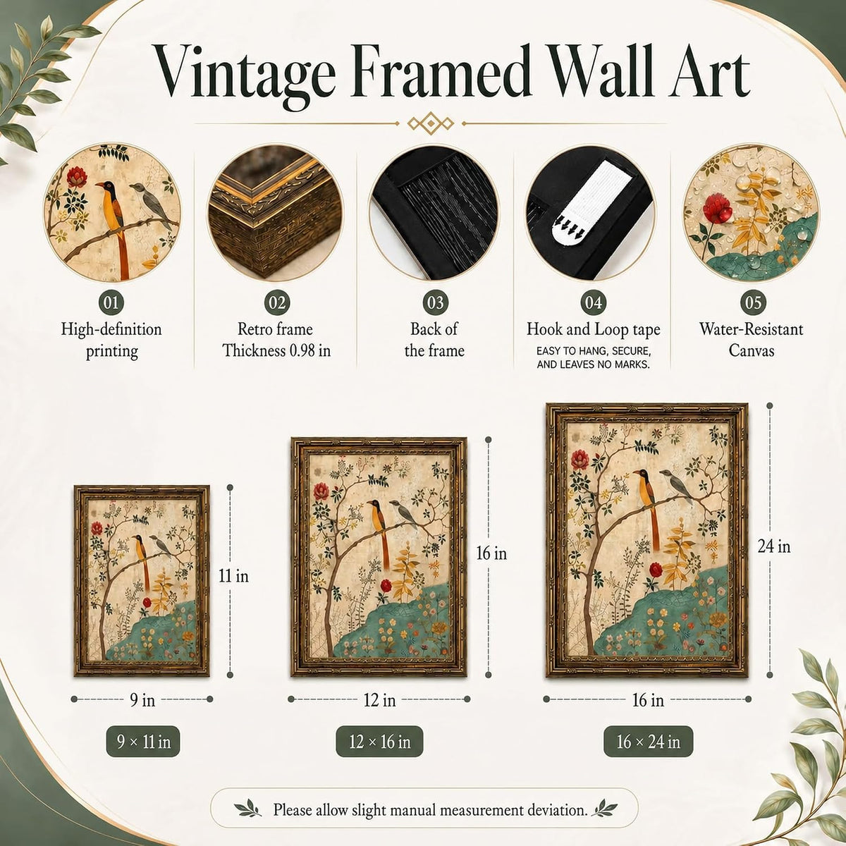 Vintage Gold Framed Birds Wall Art, 9x11 Inch