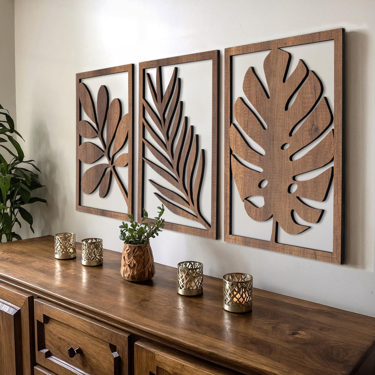qmmp Modern Wooden Wall Sculptures - Set of 3 - Home Decor Accent - Large Wall Art for Living Room, Bedroom, Office - Easy Installation (Oak, Medium - Mountain and Sun)