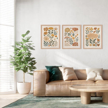 3Pcs Boho Abstract Floral Wall Art Minimalist WildFlower Wall Decor Pictures Modern Botanical Warm Earthy Tones Canvas Posters Prints for Living Room Bedroom Office Home Decoration 12x16in Unframed