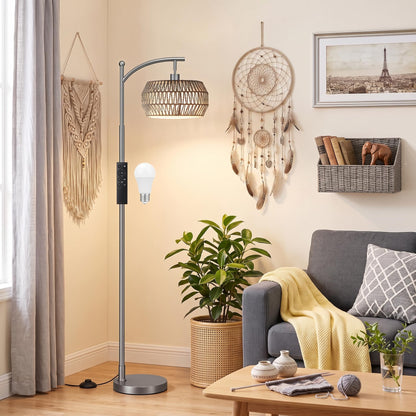 Ambimall Arc Floor Lamp with Remote & Rattan Double Shades, Black Rustic