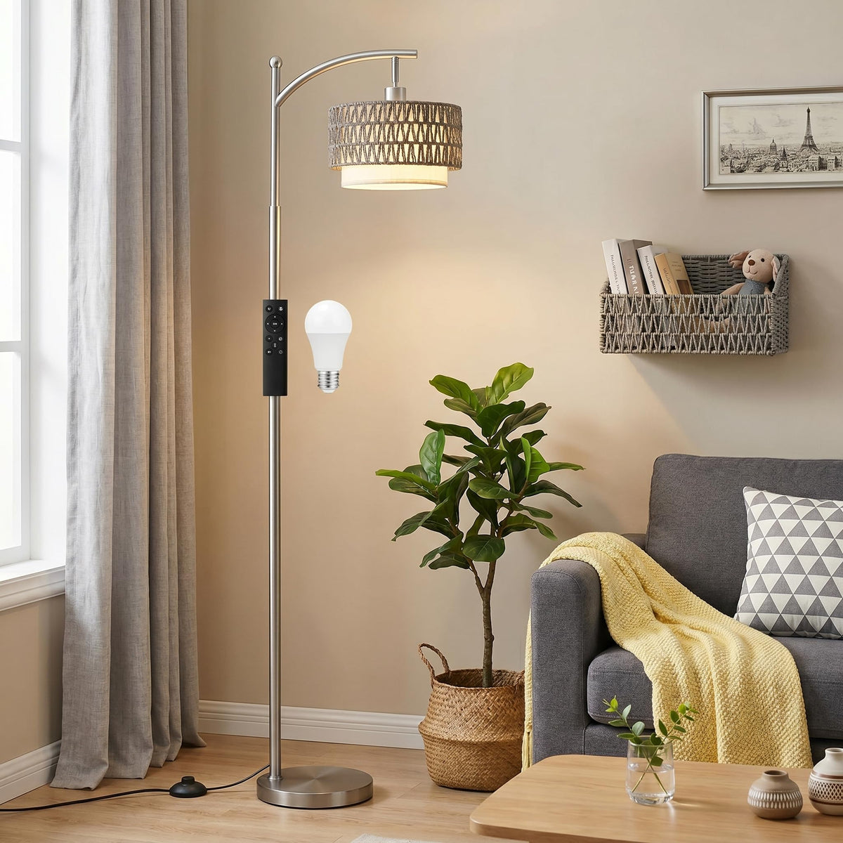 Ambimall Arc Floor Lamp with Remote & Rattan Double Shades, Black Rustic