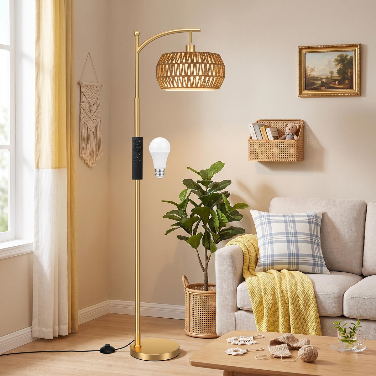 Ambimall Arc Floor Lamp with Remote & Rattan Double Shades, Black Rustic