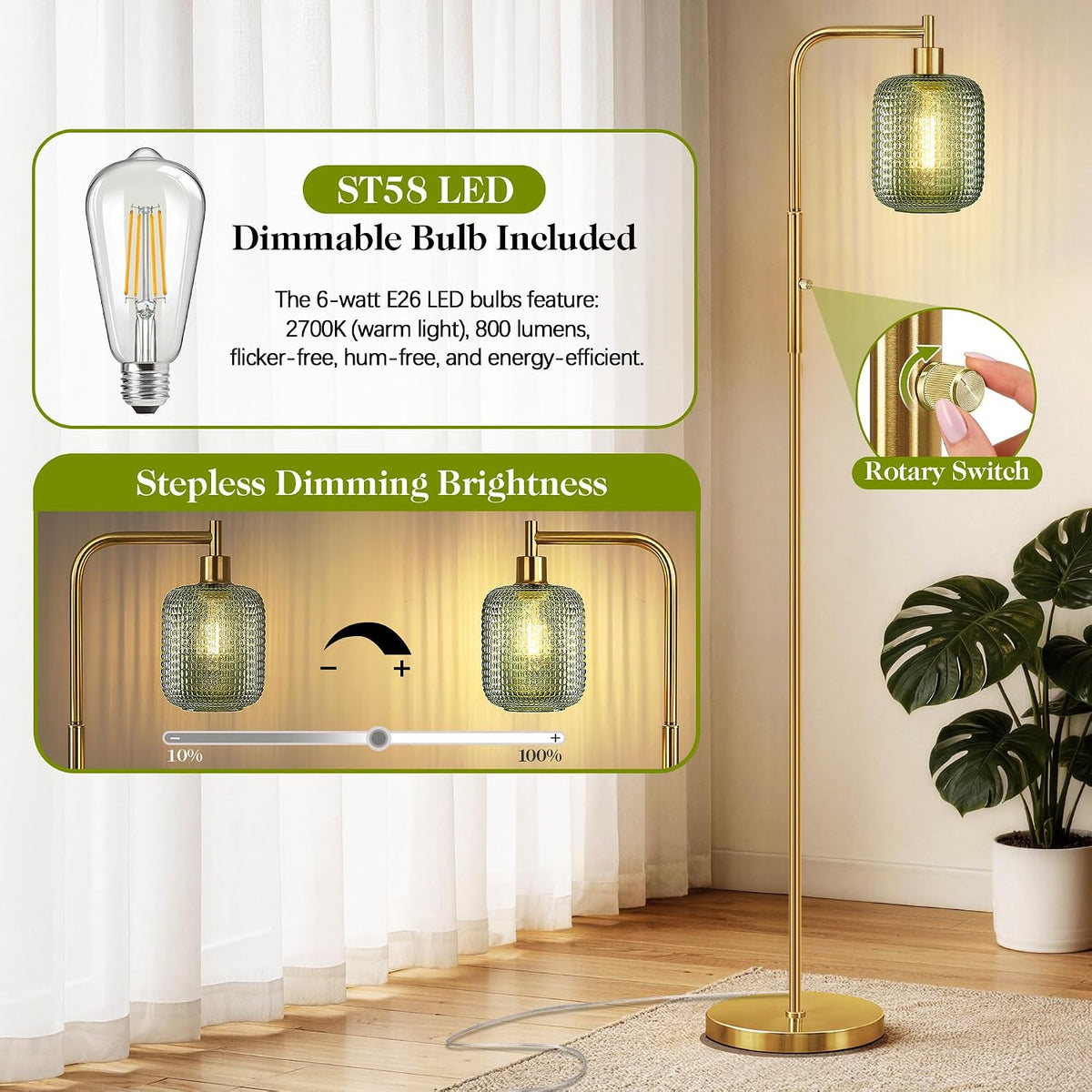 Modern Gold Green Floor Lamps for Living Room, 67" Bedroom Standing Lamp