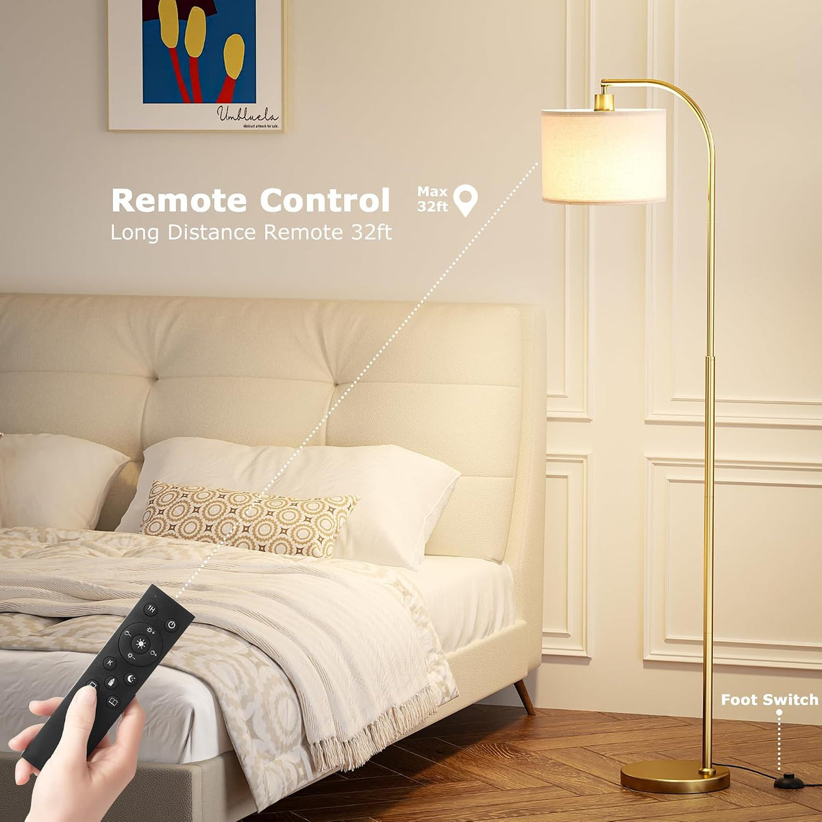 Ambimall Arc Floor Lamp with Remote and Stepless Dimmable Bulb, Colors Temperature & Brightness Adjustable, Gold Floor Lamps for Living Room(Deep Beige Shade & Gold Pole)