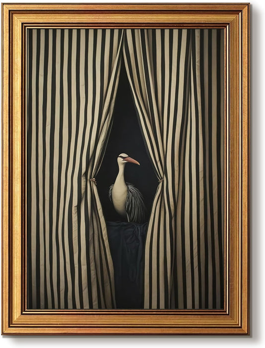 Gold Framed Wall Art, Moody Crane Pictures Wall Decor, Vintage Eclectic Bird Canvas Prints, Whimsical Surreal Humorous Animal Printings, Striped Artwork for Bathroom Bedroom Home Decor 12x16 Inch