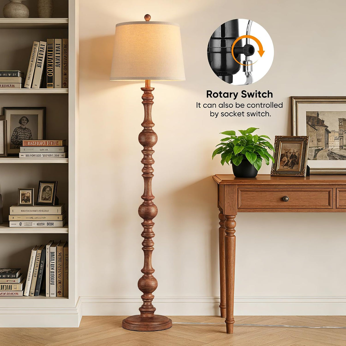 QiMH 61" Vintage Floor Lamp for Living Room, Farmhouse Lamps, Wood Grain