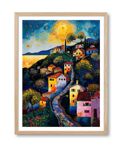 HesenDot Gustav Klimt Moon Stars Natural OAK Wood Framed Wall Art,12x16in