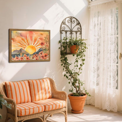 Framed Sunset Boho Wall Art for Living Room - Modern Abstract Floral Canvas Picture Boho Wall Decor, Sun Landscape Aesthetic Painting Poster Prints for Bedroom Home Office 12x16 inch
