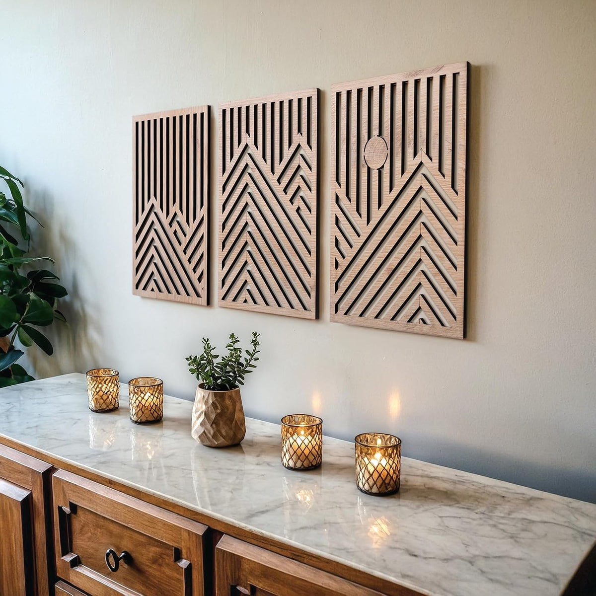 qmmp Modern Wooden Wall Sculptures - Set of 3 - Home Decor Accent - Large Wall Art for Living Room, Bedroom, Office - Easy Installation (Oak, Medium - Mountain and Sun)