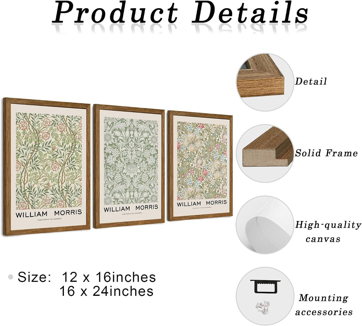 JLTULT William Morris Wall Art Set of 3, Solid Wood Frames, 16 x 24 in Each