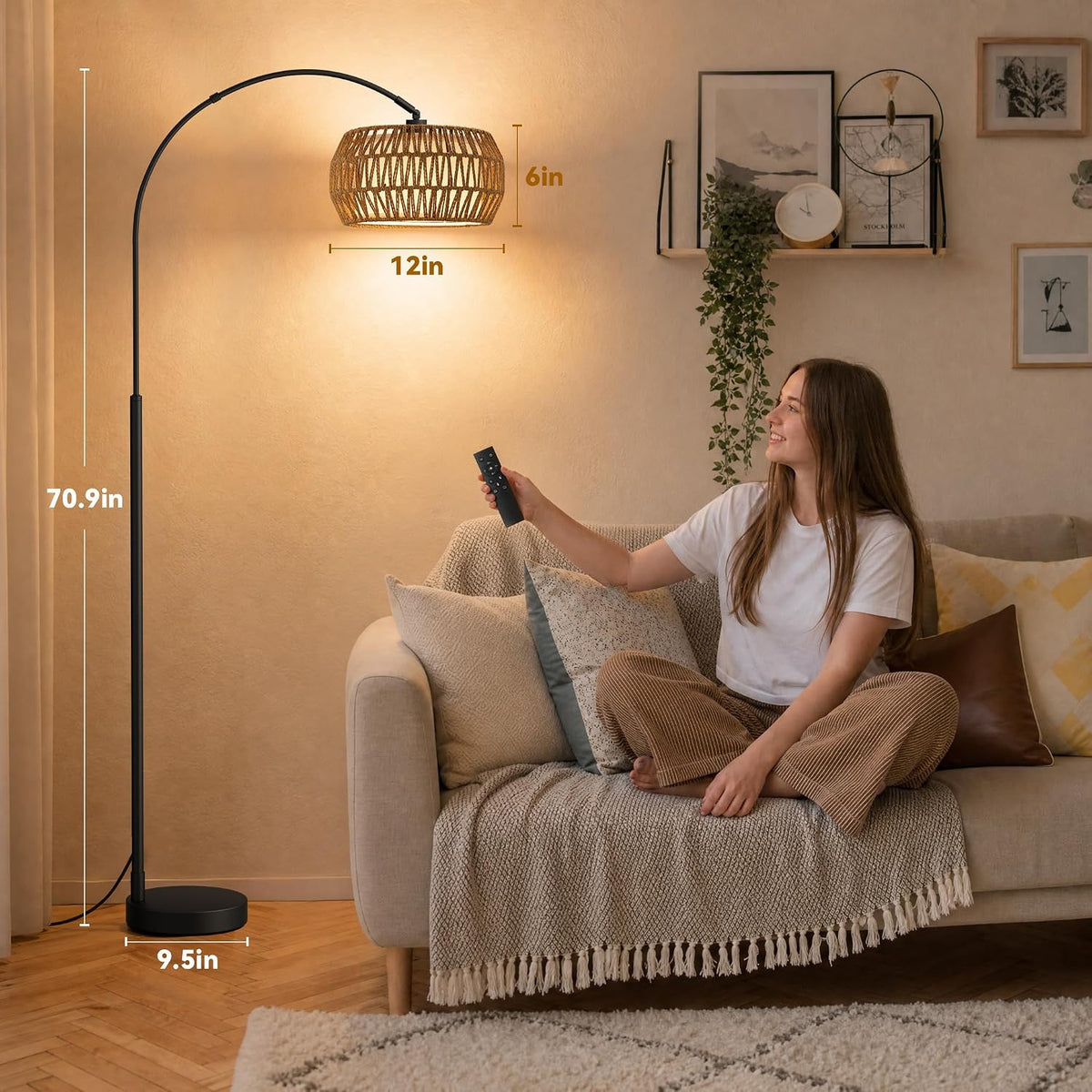 Ambimall Boho Arc Floor Lamp, Color Temperatures and Brightness Adjustable