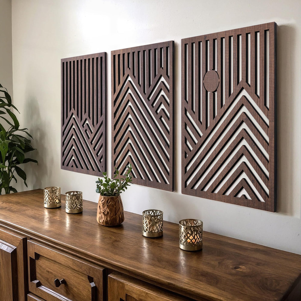 qmmp Modern Wooden Wall Sculptures - Set of 3 - Home Decor Accent - Large Wall Art for Living Room, Bedroom, Office - Easy Installation (Oak, Medium - Mountain and Sun)