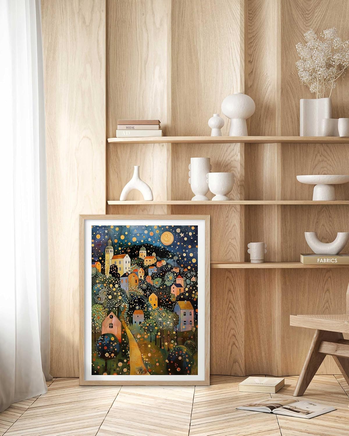 HesenDot Gustav Klimt Moon Stars Natural OAK Wood Framed Wall Art,12x16in