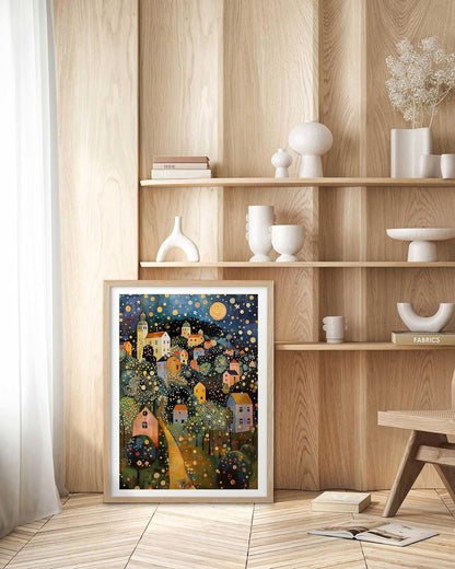 HesenDot Gustav Klimt Moon Stars Natural OAK Wood Framed Wall Art,12x16in