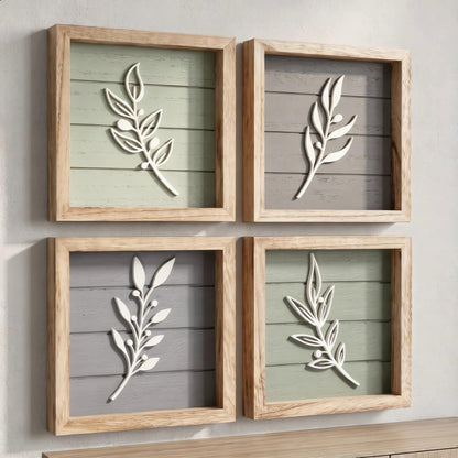 3D Tree Leaf Wooden Framed Boho Wall Art (Set of 4)
