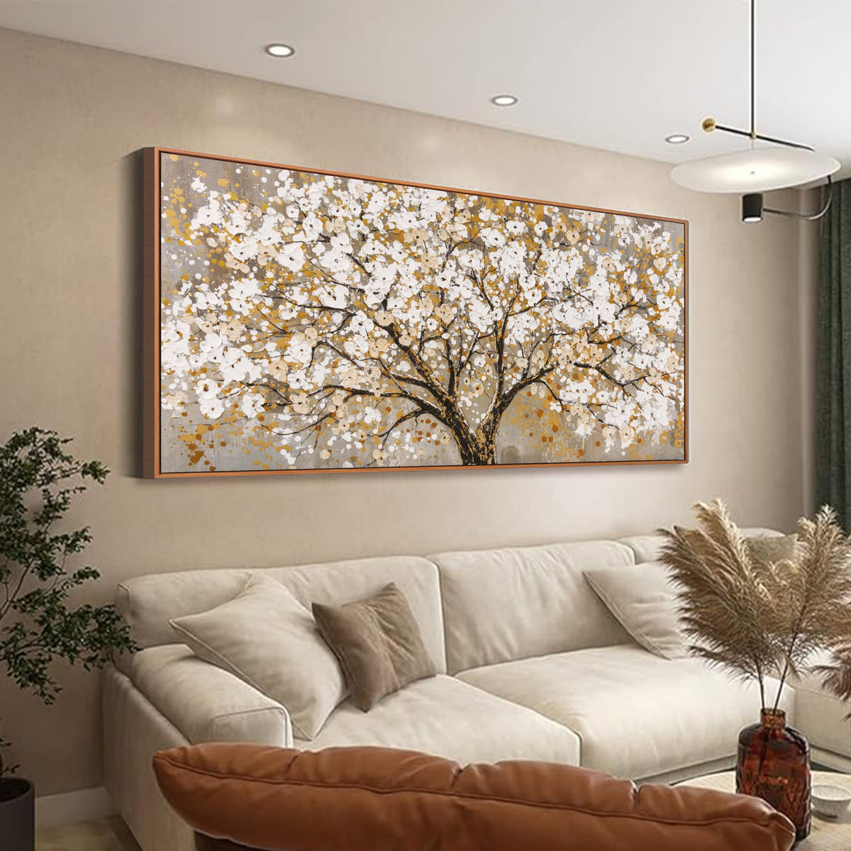 Framed Gold Wall Art for Living Room Tree Of Life Painting Picture 24x48 ln