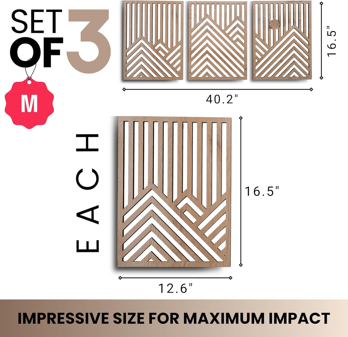 qmmp Modern Wooden Wall Sculptures - Set of 3 - Home Decor Accent - Large Wall Art for Living Room, Bedroom, Office - Easy Installation (Oak, Medium - Mountain and Sun)
