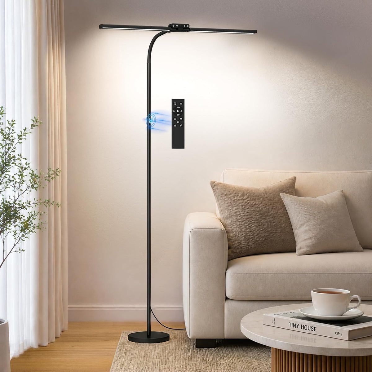 SIBRILLE 24W LED Floor Lamp, Dual Head Dimmable Modern Reading Lamp, Standing Lamp with Remote & Touch Control, Adjustable Gooseneck, Eye Caring Tall Lamp for Living Room, Bedroom, Office & Crafts