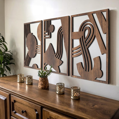 qmmp Modern Wooden Wall Sculptures - Set of 3 - Home Decor Accent - Large Wall Art for Living Room, Bedroom, Office - Easy Installation (Oak, Medium - Mountain and Sun)